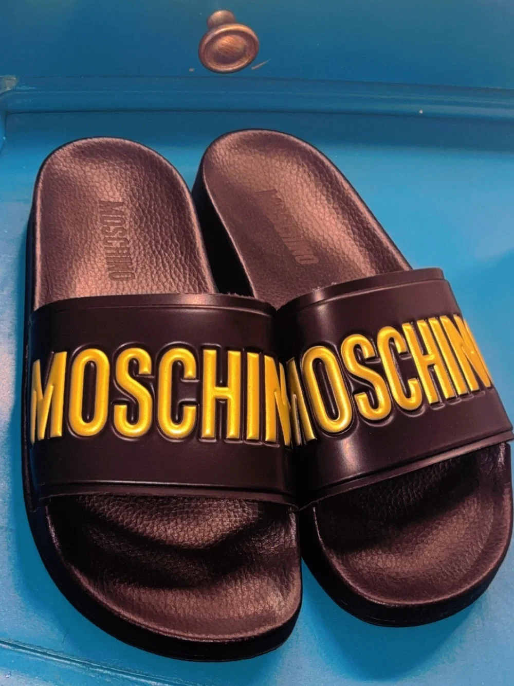 Moschino Black Slides with Yellow Raised Logo